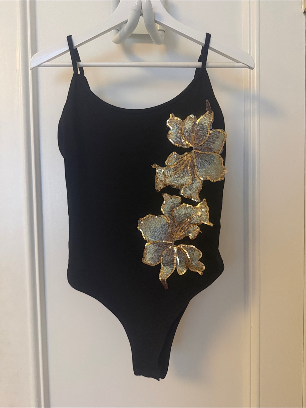 SHEIN Black Bodysuit with Gold Floral Appliqué